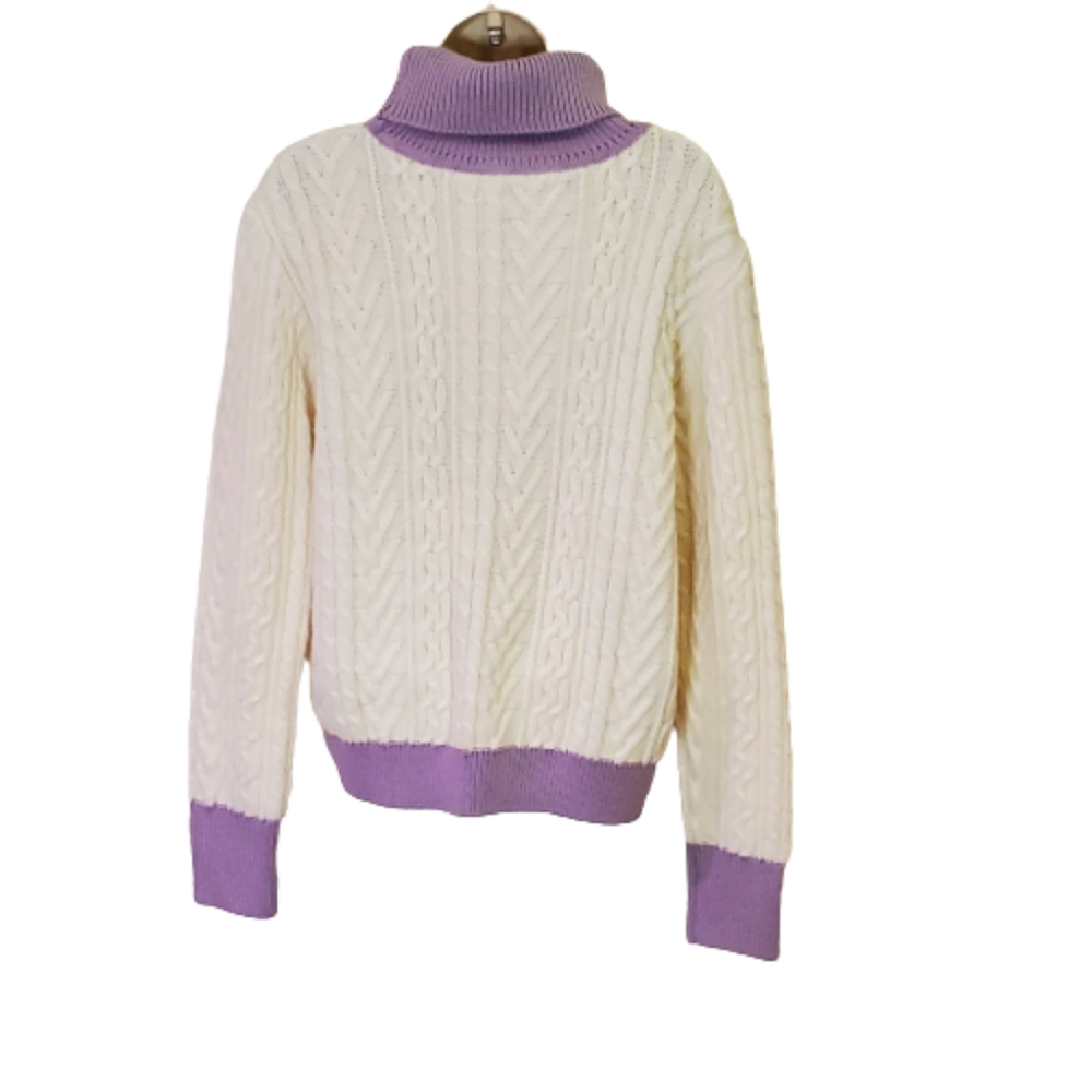 Tularosa Chunky Cream & Lavender Cable Knit Turtleneck Sweater, Size X-Large - Picture 14 of 15
